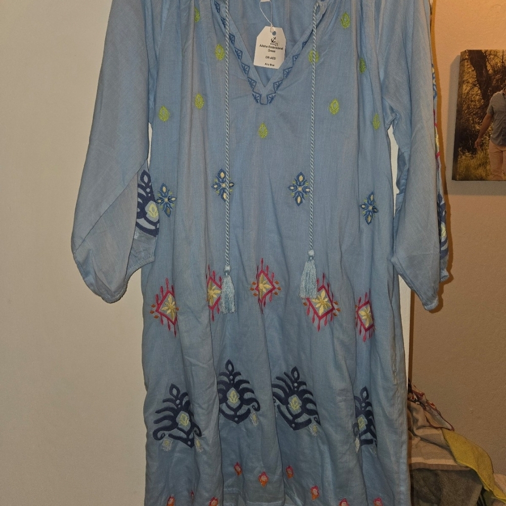 Chic Blue Embroidered Mini Dress - Picture 2 of 9